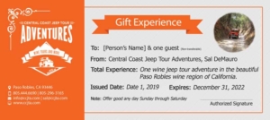 Central Coast Wine Tour Adventures gift certificate